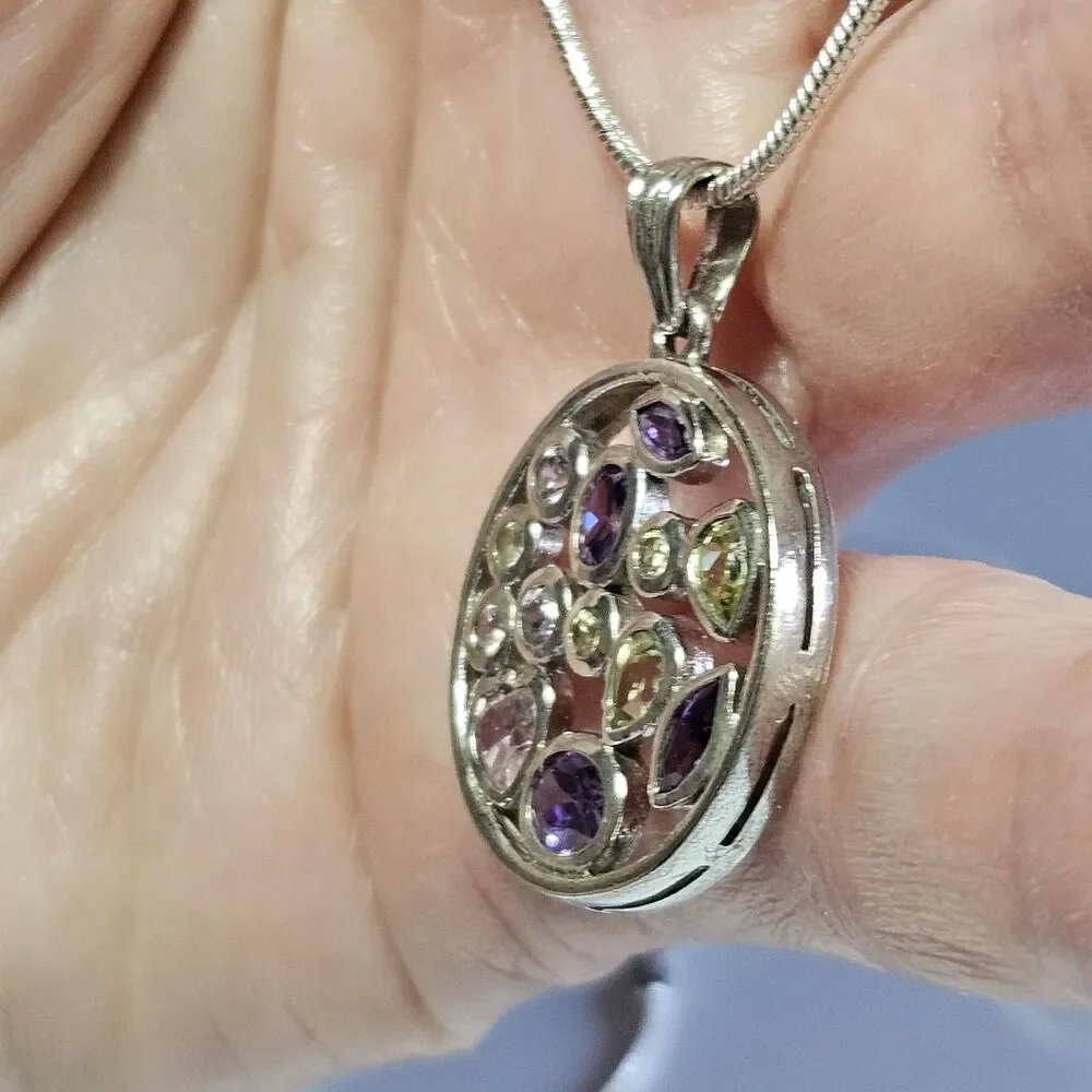 Sterling Silver Multicolored Rhinestone Round Pendant Necklace 20